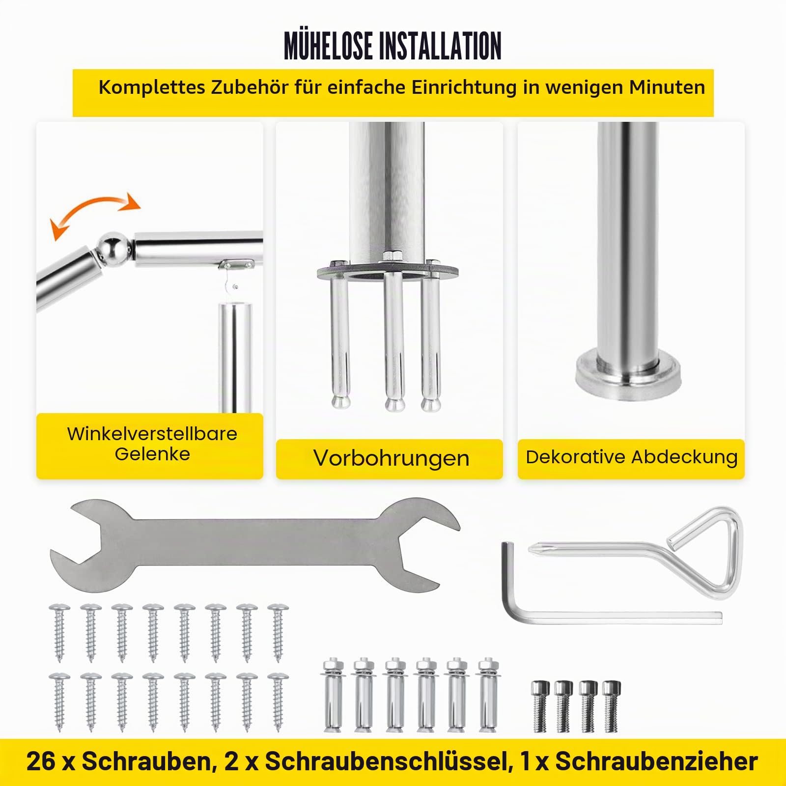 Happybuy Treppengeländer 5 Stufen, Handlauf Edelstahl mit Pfosten, Verstellbare Eingangsgeländer Silber 1,6 m