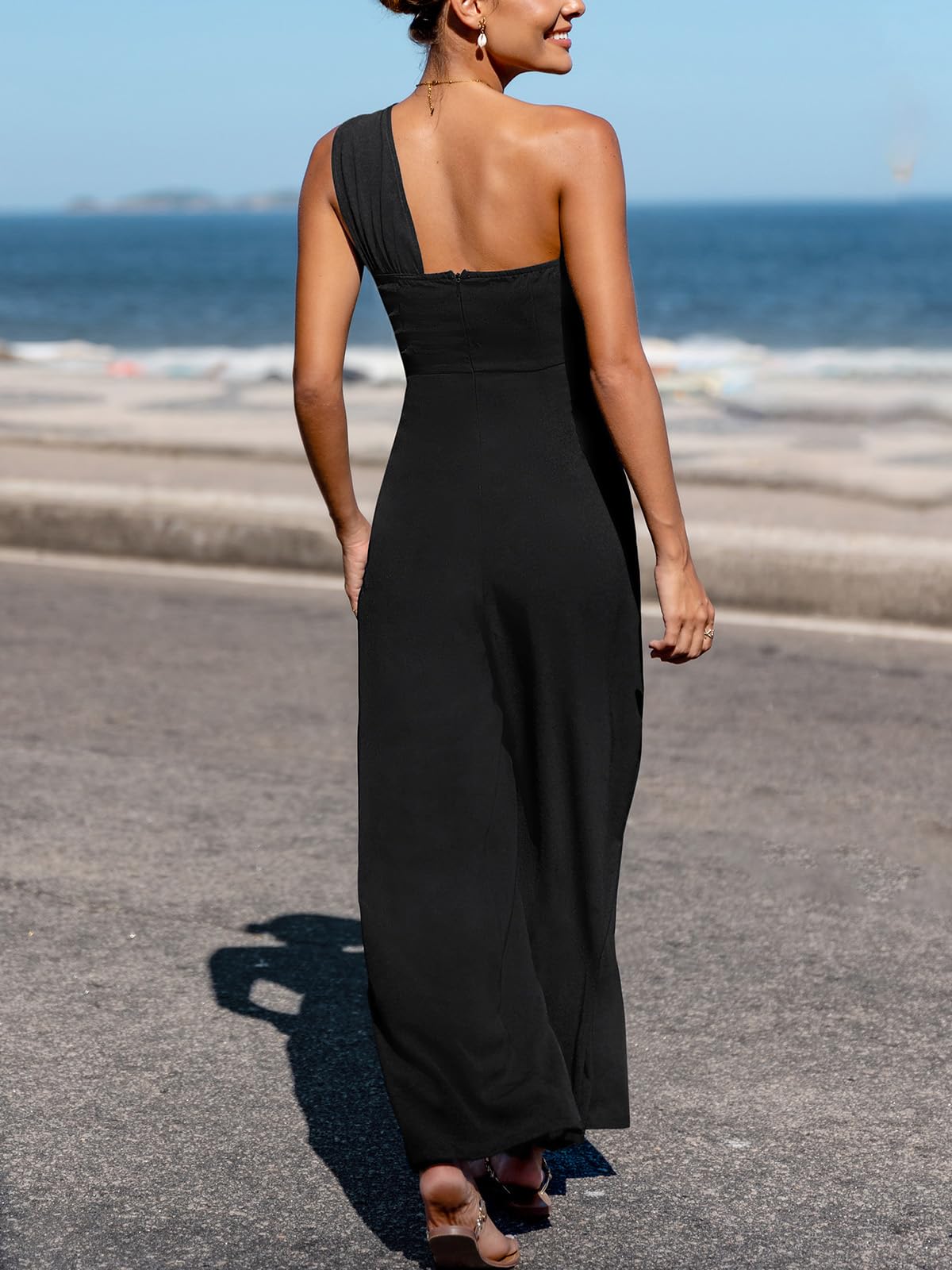 CUPSHE Combinaison d'été pour femme - Coupe asymétrique - Sans manches - Jambe large - Pantalon long - Barboteuse avec fermeture éclair - Tenue une pièce