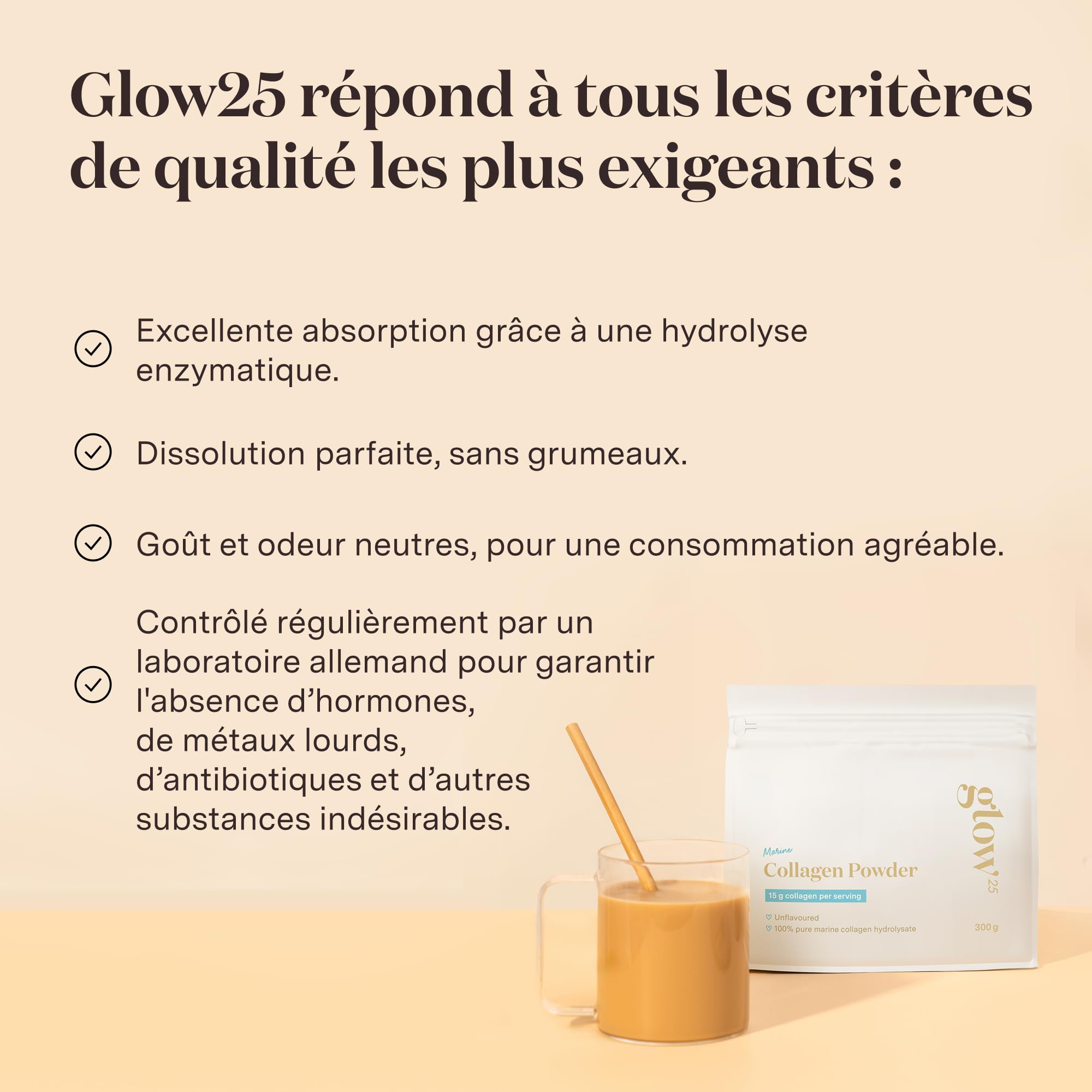Collagène marin en poudre Glow25® [300g] – Haute solubilité – Peptides de collagène à boire – Collagène hydrolysé pur – Naturel – Collagen