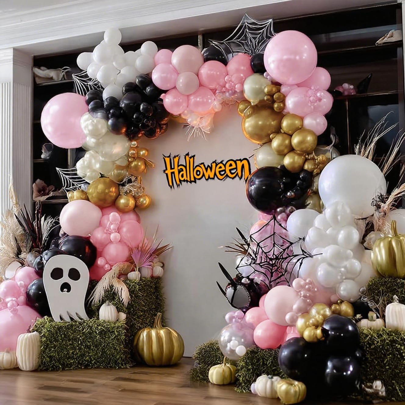 Haunted House Double Stuffed Balloon Garland Different Sizes 18In 12In 5In Black White Pink Gold Balloon Arch Kit For Halloween Baby shower Gothic Wednesday Party Decorations