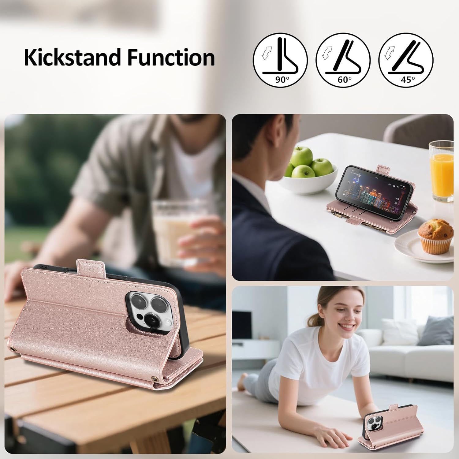 Antsturdy Compatible with Magsafe Magnetic 2 in 1 Detachable iPhone 16 Pro Wallet Case with Credit Card Holder Slots,PU Leather RFID Blocking Phone Cover Wrist Strap Zipper Women Men,Rose Gold