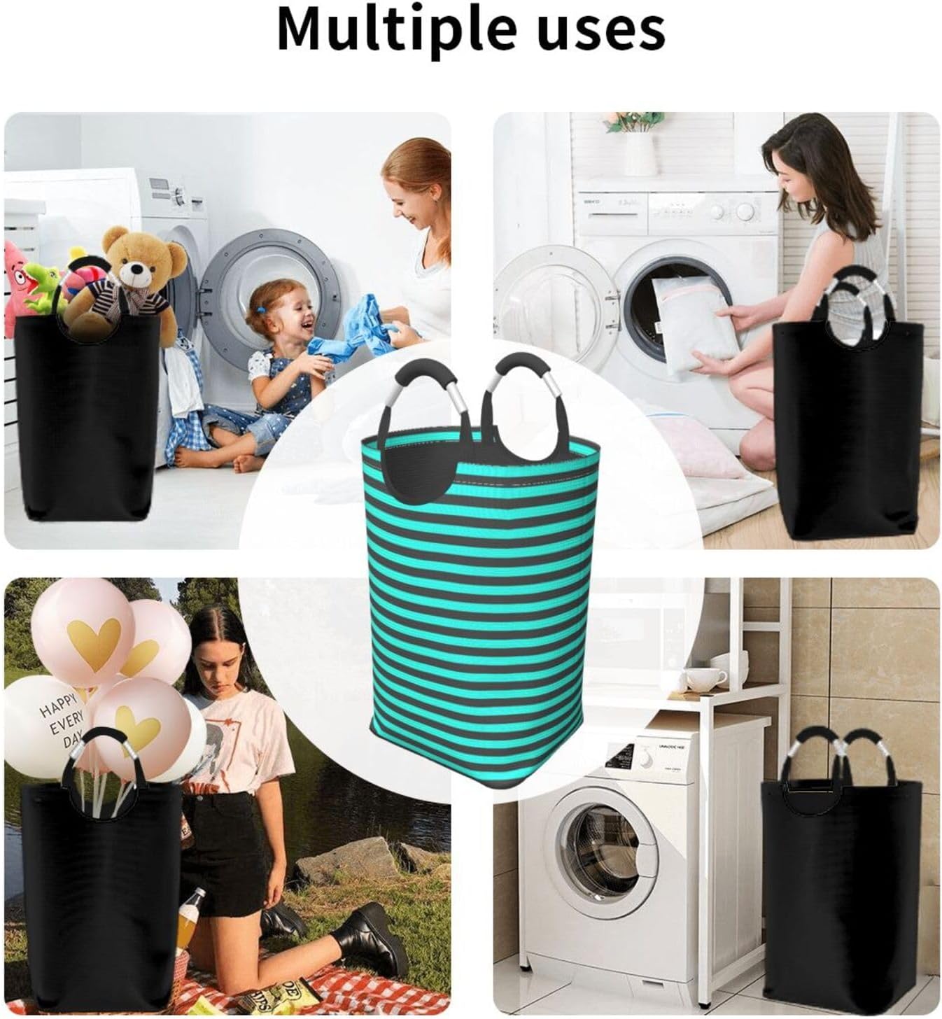 Large Laundry Basket, Stylish Gray Teal Stripes Laundry Hamper Bag Collapsible Washing Bin With Handles for College Dorm, Family Essentials Storage