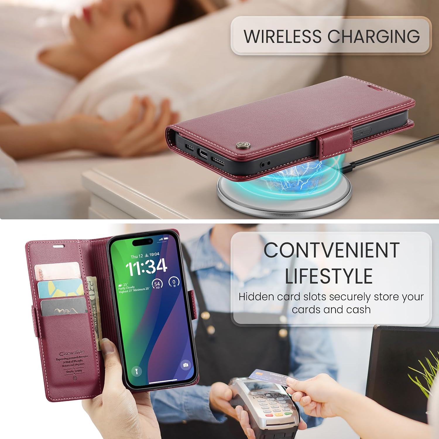 Wallet Case for iPhone 15, with RFID Blocking, Card Holder, Stand Phone Case, PU Leather Flip Folio Case Compatible with iPhone 15 Red