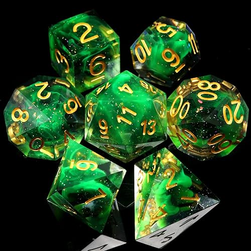 Miniatura 2 de Haxtec Juego de dados DND con purpurina de borde afilado con estuche de dados hechos a mano de resina verde, juego de dados D&D para regalos de