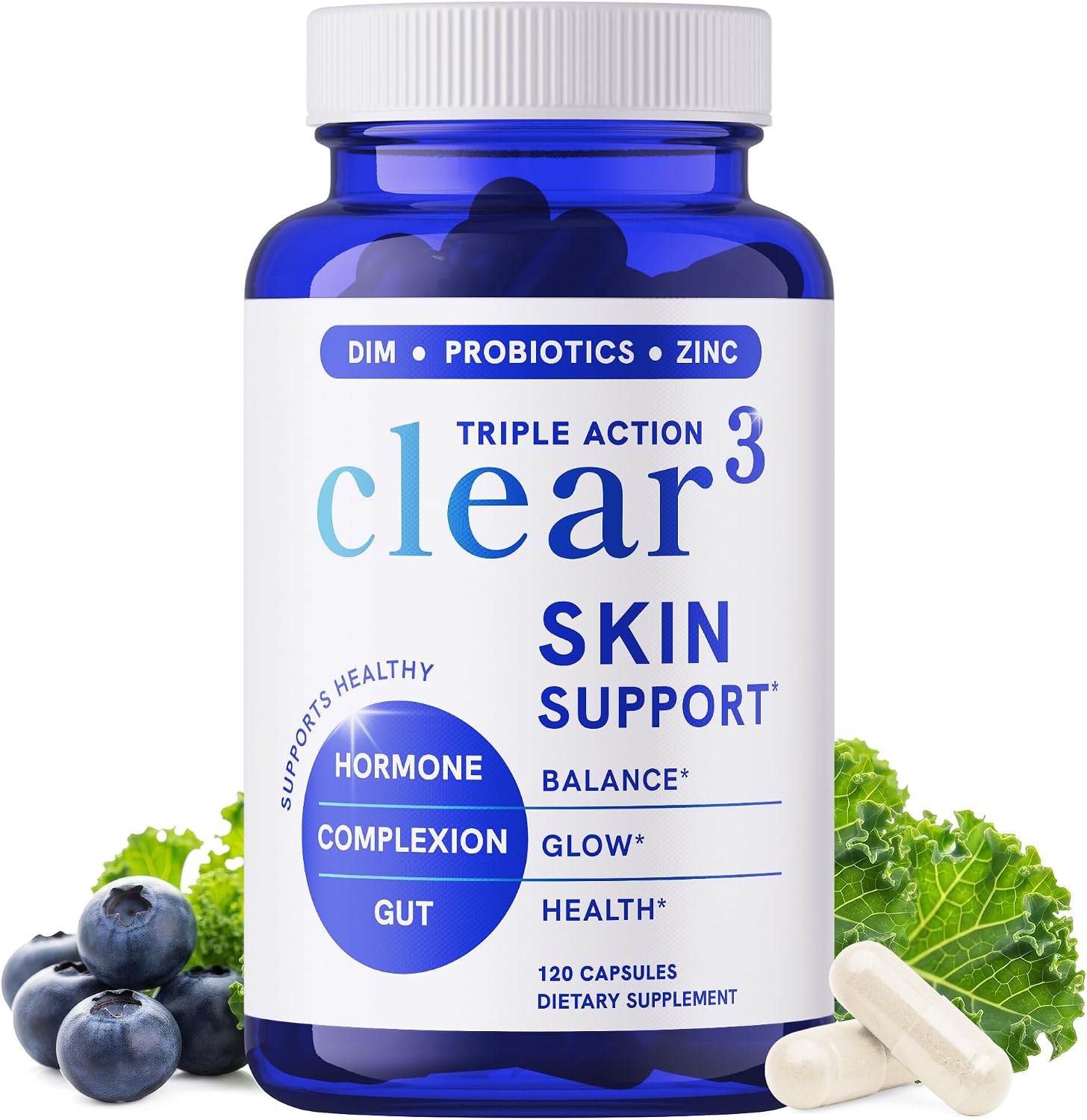 Clear Skin Supplement with Zinc, DIM & Probiotics | 3-in-1 Hormone, Gut & Complexion Support | Triple Action Hyaluronic Acid, Niaciminide & Vitamins for Skin Balance, Glow & Health Support | 120 Ct