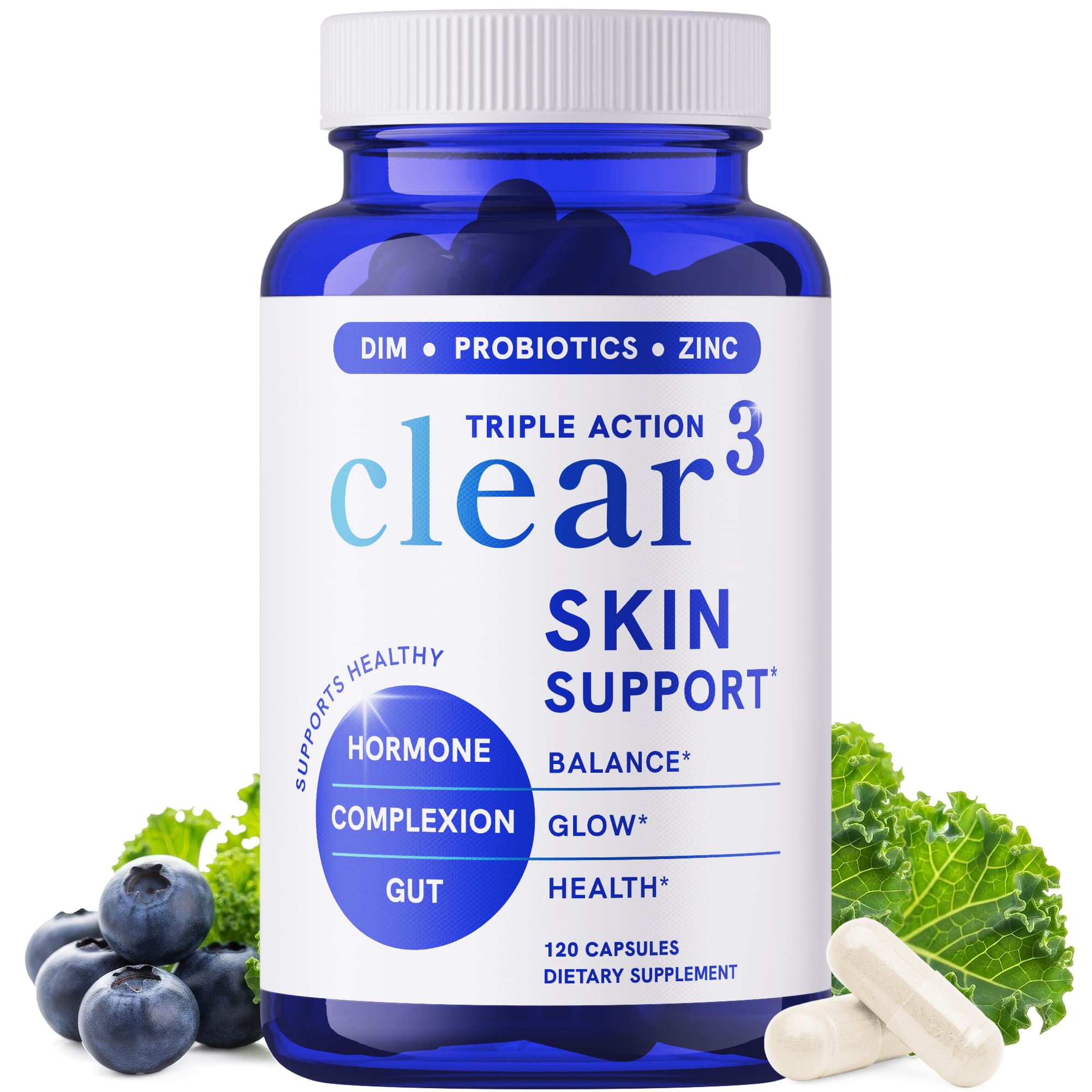 Clear Skin Supplement with Zinc, DIM & Probiotics | 3-in-1 Balance, Glow & Health Skin Support | Triple Action Hyaluronic Acid, Niaciminide & Vitamins for Hormone, Complexion & Gut Support | 120 Ct