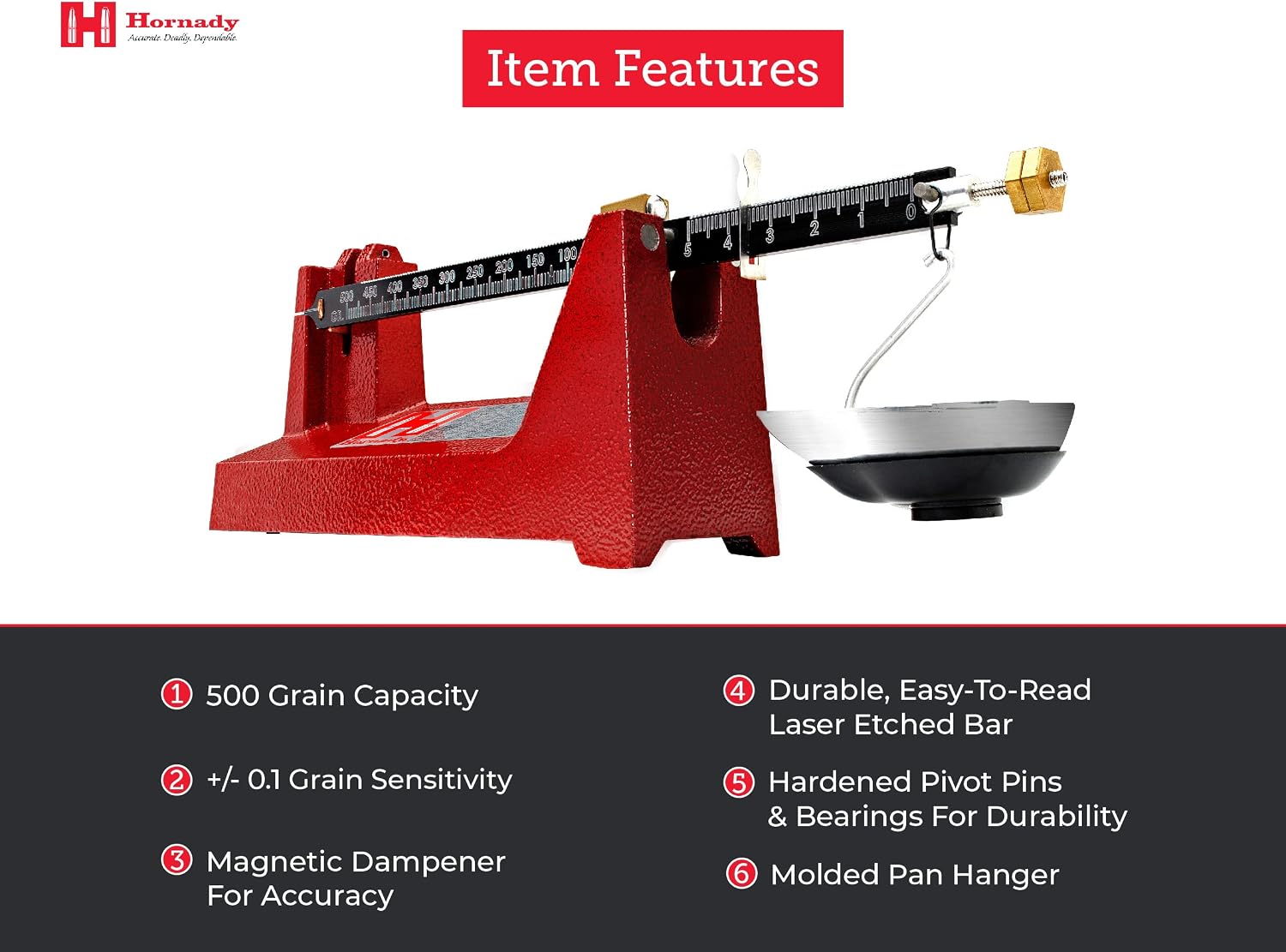 Hornady Lock-N-Load Beam Scale - Analog Powder Scale for Reloading Tasks - 0 to 500 Grain Precise Measurement Range, Accurate to 0.1 Grain - Easy to Read, Laser Etched Scale - Item 050109
