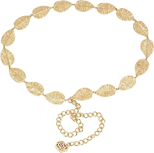 Coucoland Cinturón de cadena de cintura ajustable para mujer, diseño de hoja de metal para vestido, Oro
