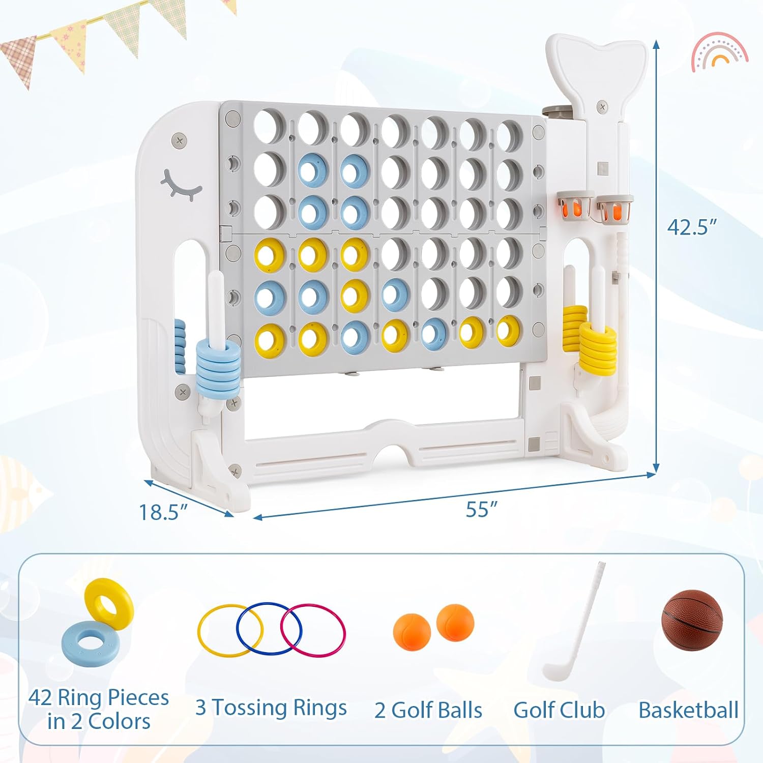 COSTWAY Giant 4-in-a-Row Game Set, Whale Design Jumbo 4-to-Score for Kids and Adults w/3 Adjustable Heights, Basketball, Golf, Ring-toss, Cup Holders, Indoor Outdoor Party Yard Games for Lawn (Gray)