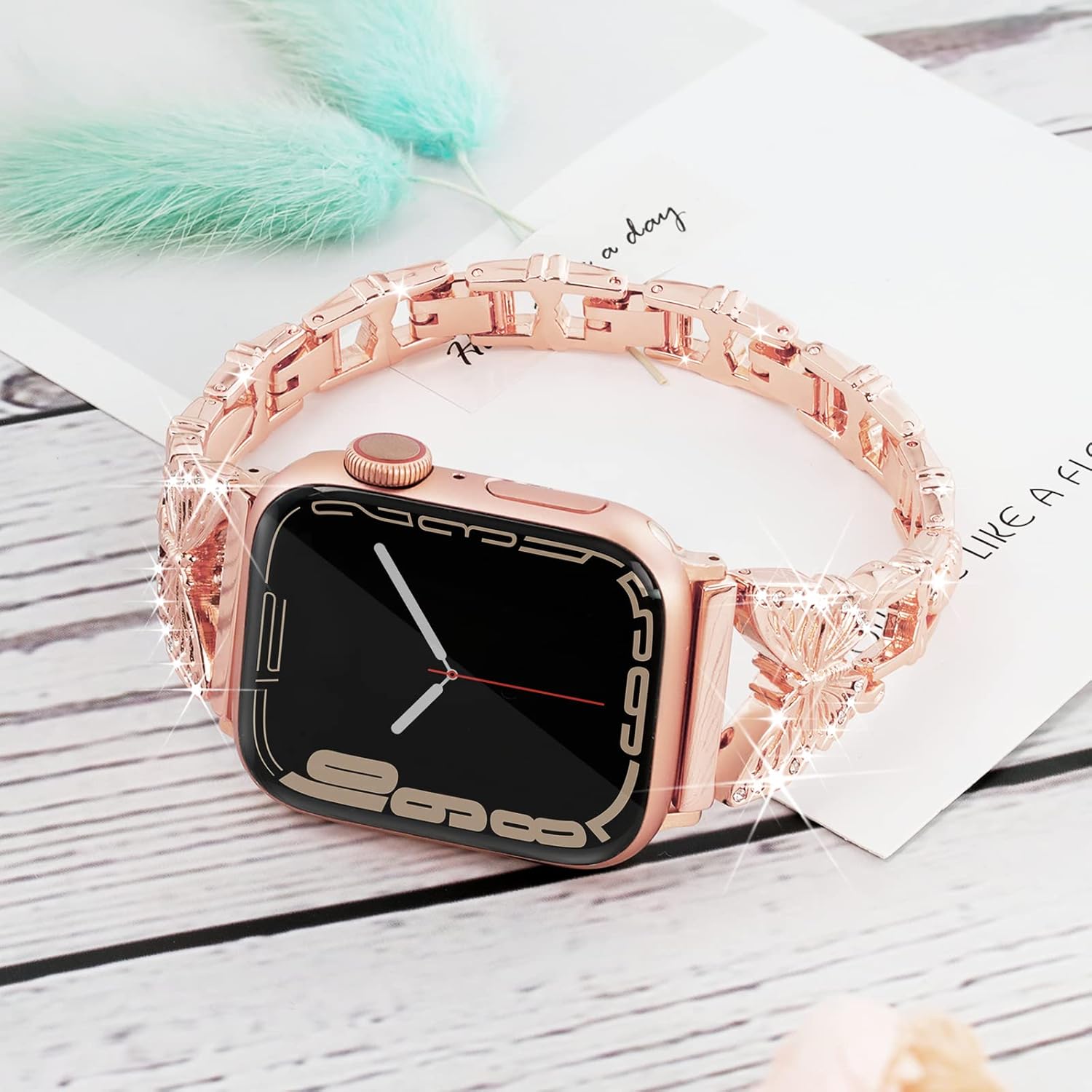 Butterfly Band Compatible with Apple Watch Band 41mm 40mm 38mm iWatch Series 8 7 6 SE 5 4 3 2 1, Cute Slim Metal Jewelry Bands for Women, Fancy Bling Rhinestone Diamond Dressy Strap (Rose Gold) - Image 3