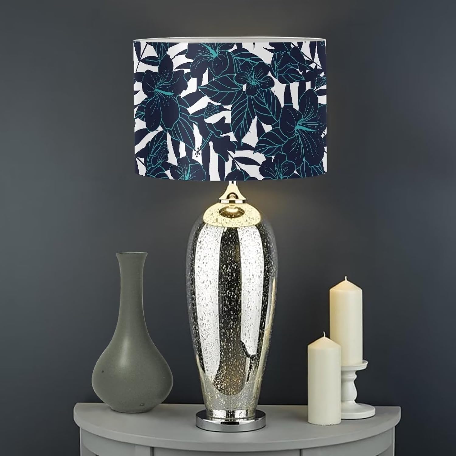 Yzaoxia Drak Green Tropical Flower Print Drum Lampshade for Bedside Table Floor Lamp, Tropical Hibiscus Flowers Lamp Shades Cover