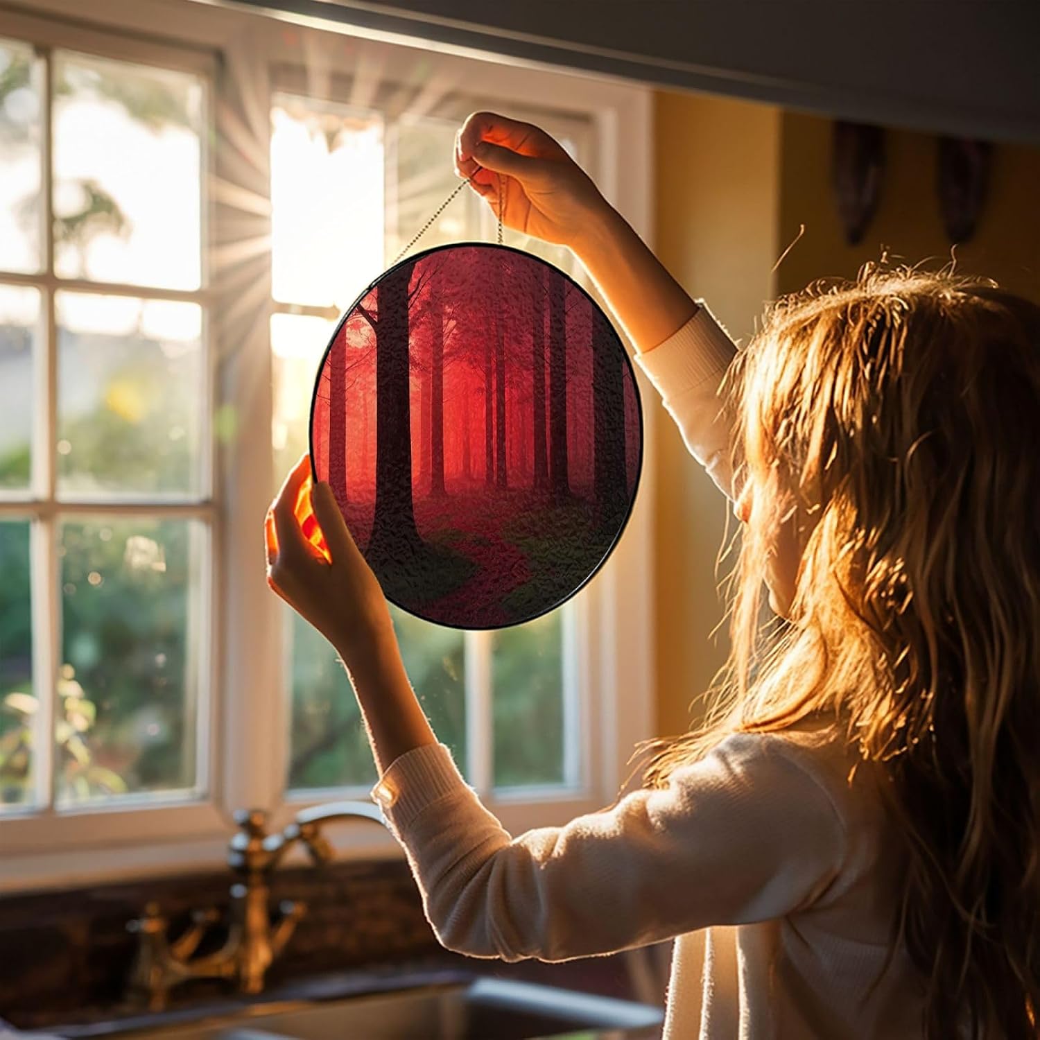 Stained Glass Window Hanging 12in Window Suncatcher Glass Panel with Metal Chain Misty Forest Red Sun Catchers Wall Art Home Decor Gift for Women Mother's Day