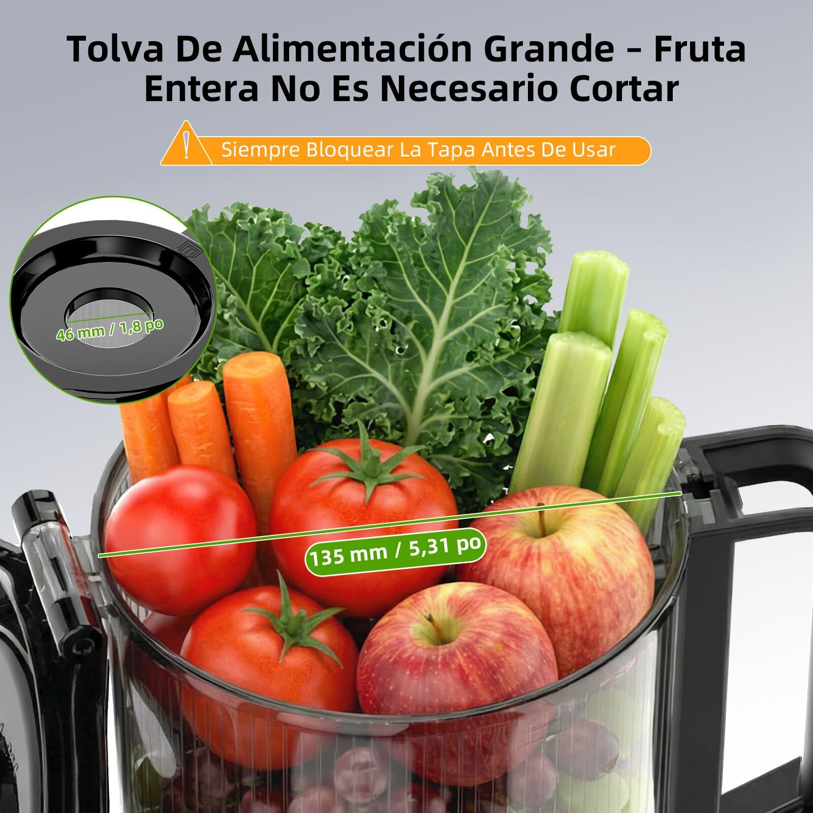 FIMEI Extractor de Zumos y Verduras, Licuadora Prensado en Frio para Verduras Frutas Enteras con Apertura de 135 MM, Fácil Montaje y Limpieza, Extractor de Jugo Incluye 2 Vasos, Sin BPA, Base inox