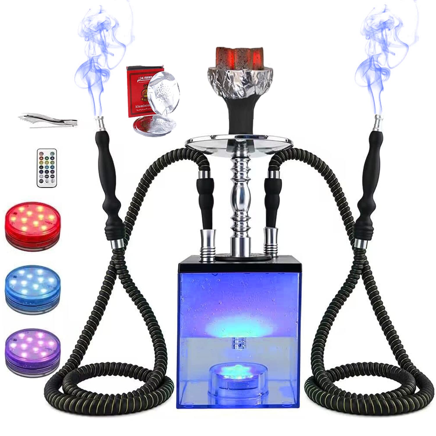 Hookah, juego de cachimba de acrílico con micro cubo LED – Incluye 2 mangueras – 16 fascinantes ajustes de color estático – Divertido kit de narguiles para adultos – hogar, bares, clubes, bodas,