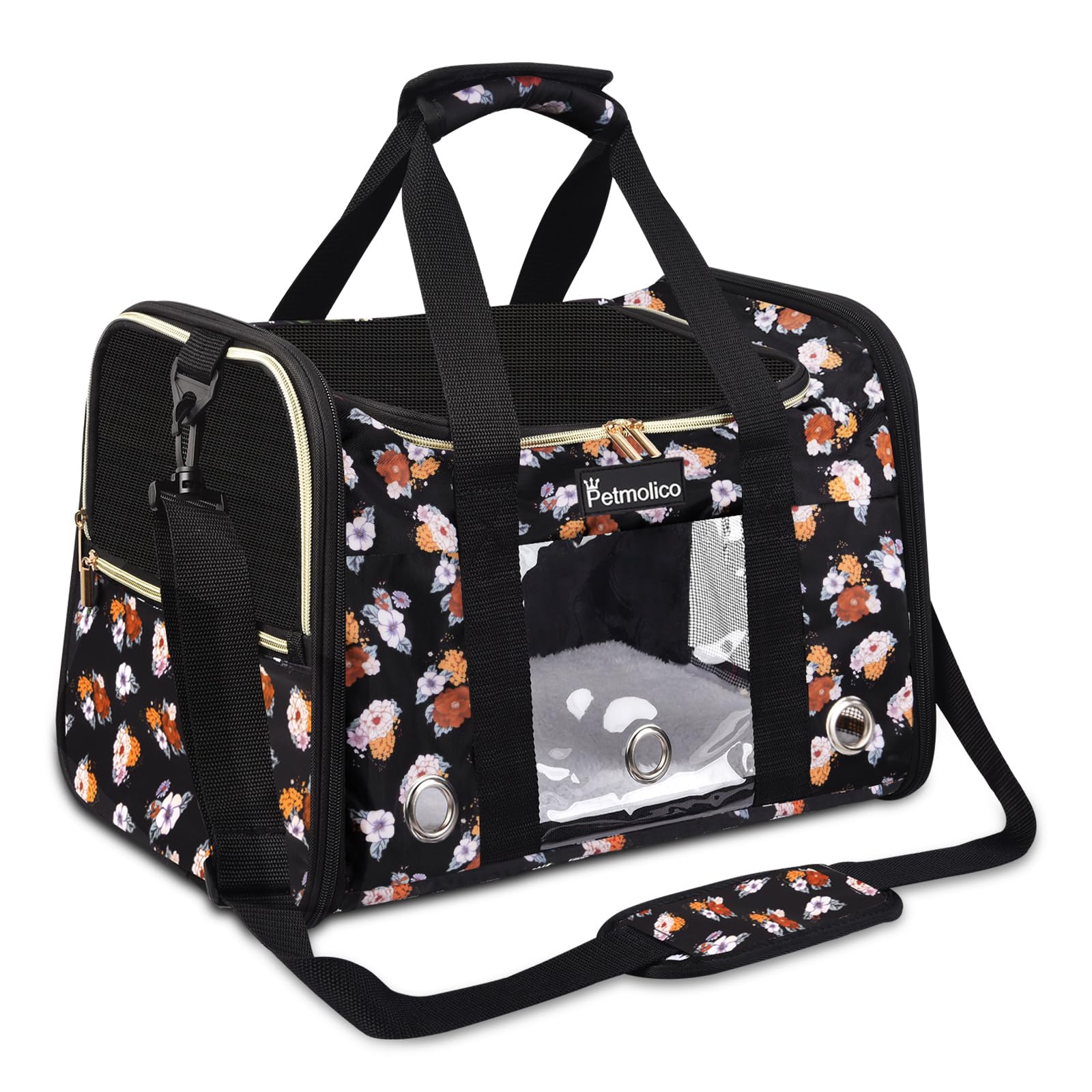 Petmolico Cat Carrier Dog Carrier, Airline Approved Soft Pet Travel Carrier with 3 Open Doors Mesh Windows for Cats Puppy 16 lbs(Black,Orange Flower)