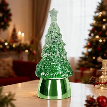 Mini Snow Globe Christmas Decorations, Glitter Green Small Christmas Tree Snow Globe Lighted Water Lantern for Xmas Decor Gifts