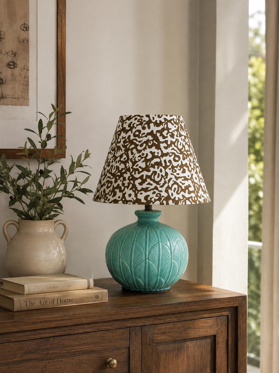 Mrinal Handcrafted Glazed Ceramic Lamp Base – Aqua Green Leaf Embossed Decorative Table Lamp Base-image-22