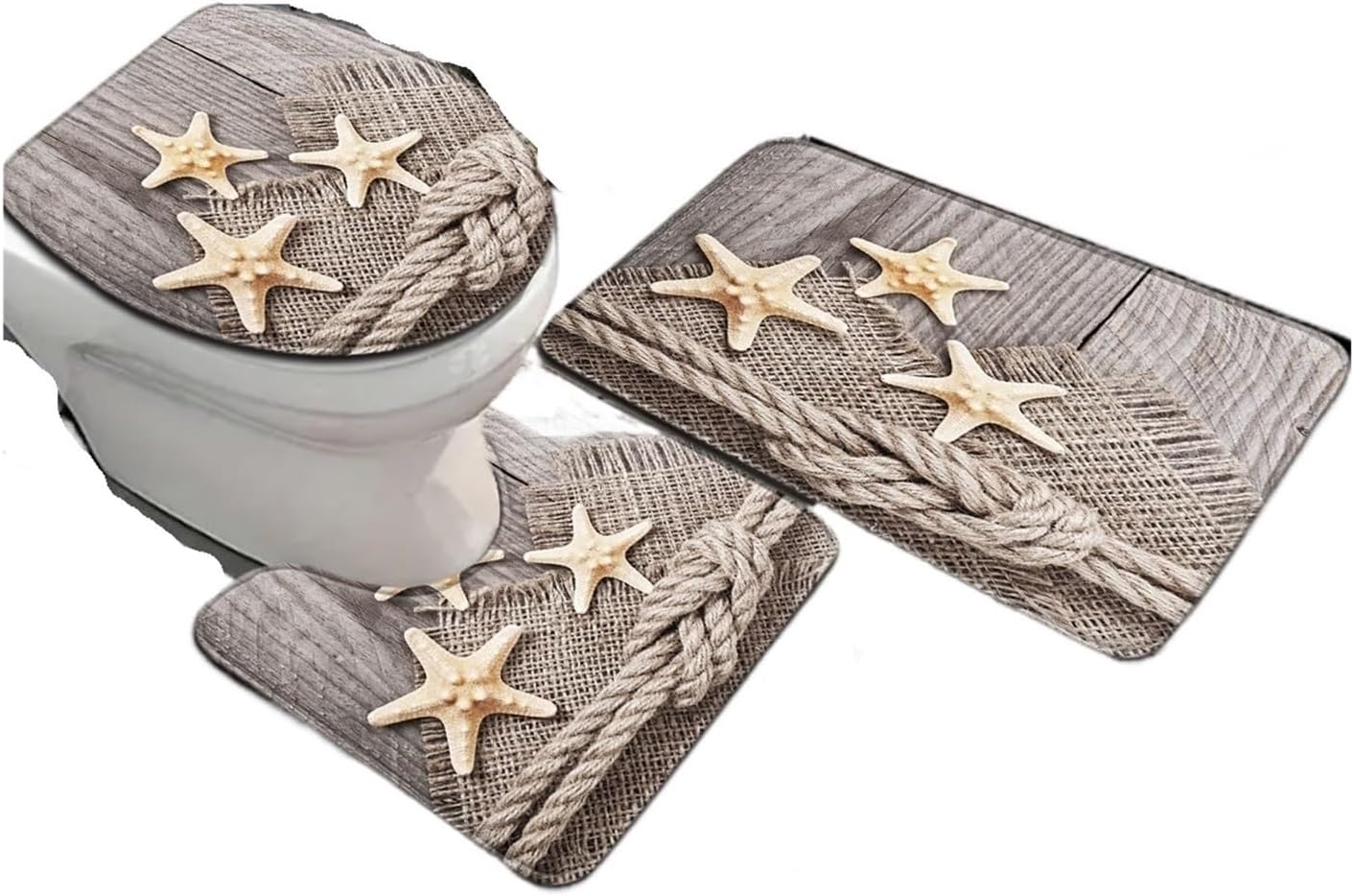 Open 3pcs/4pcs, Wood Grain Background Rope Decorative Pattern,Bathroom Mat Set Toilet Seat Ring U-Shaped Foot Pad