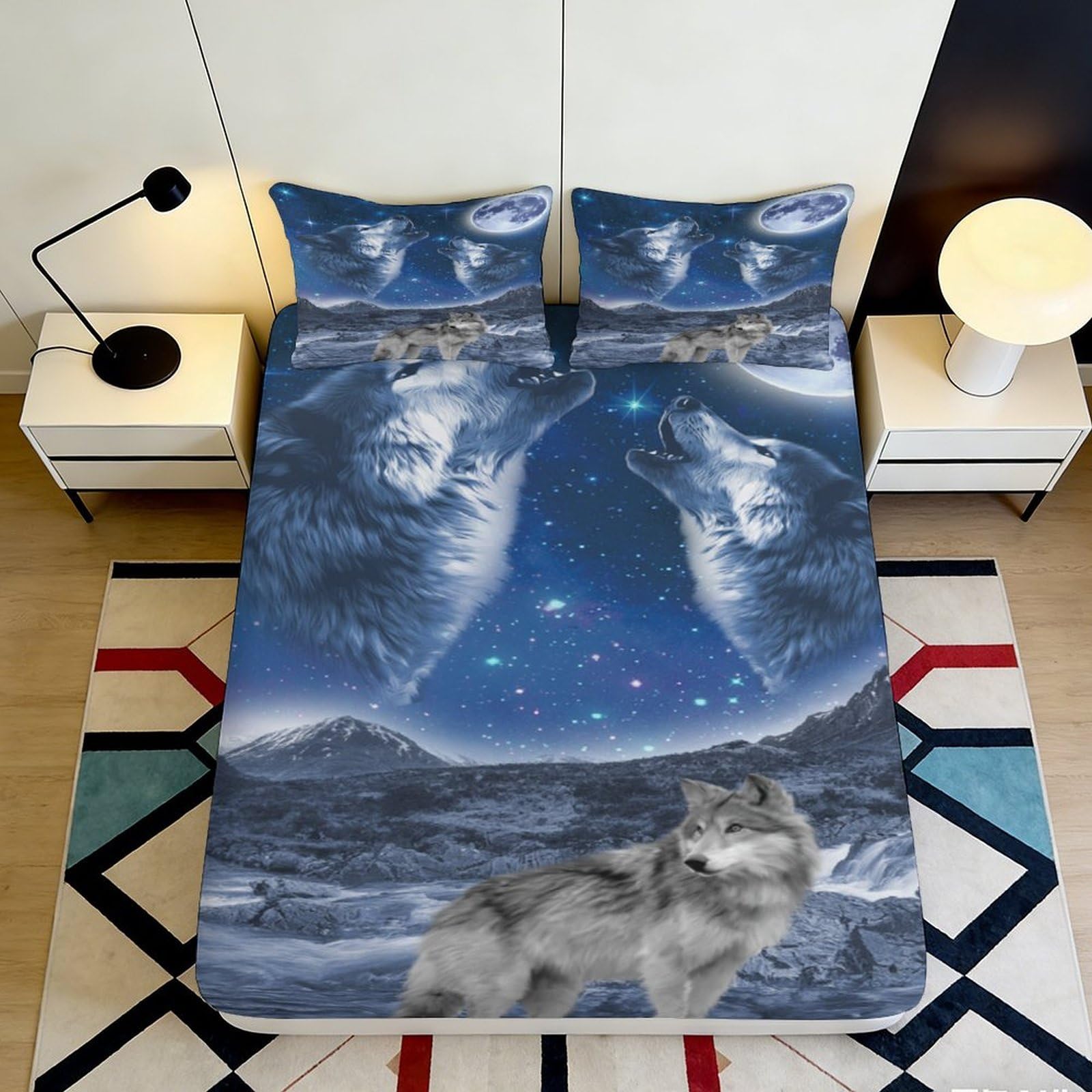 3D Printed Wolf Moon Fitted Sheet Microfiber Soft Breathable Starry Sky Bed Cover for Bedroom Dorm Mattress Decor 90x200x25cm
