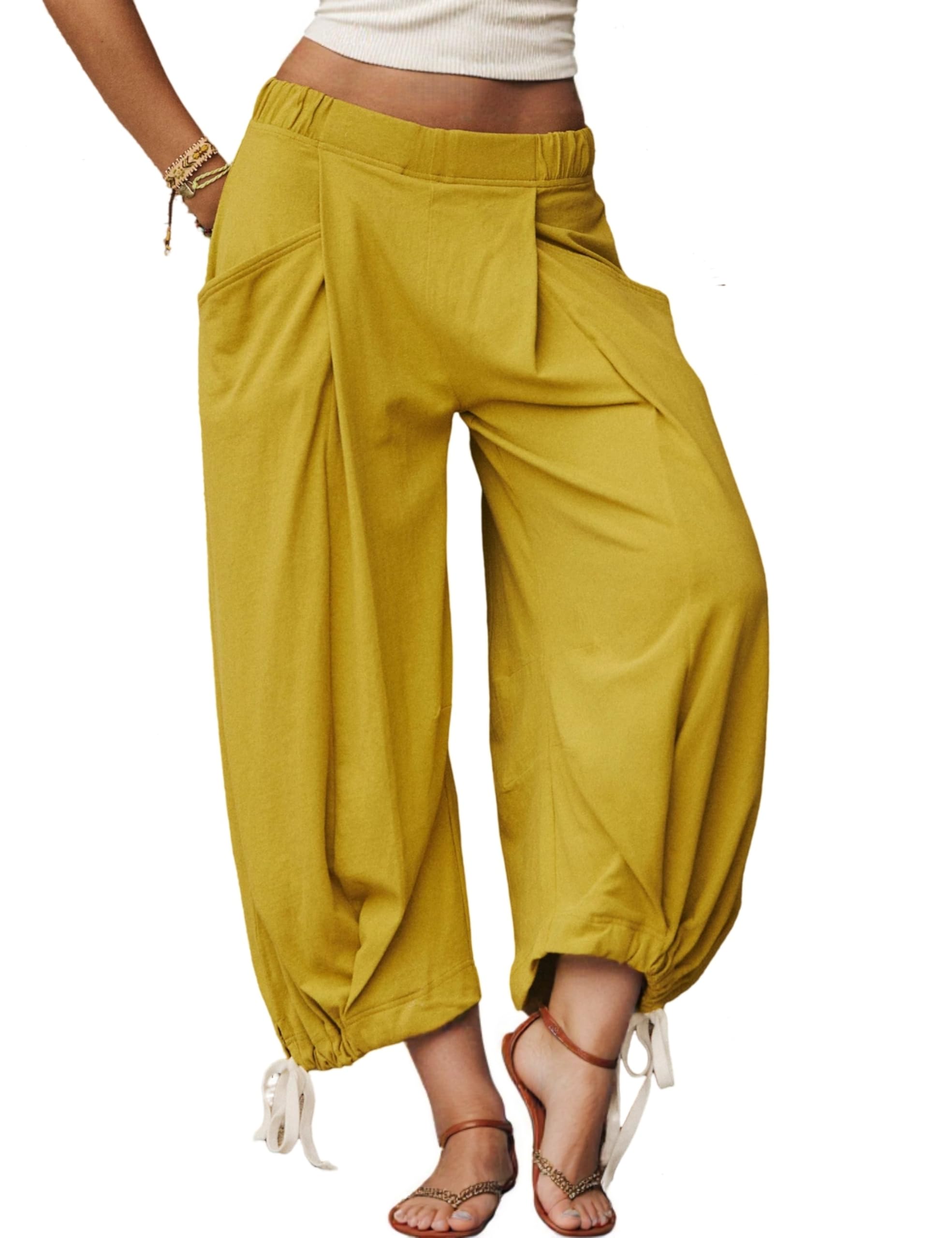 Womens Baggy Wide Leg Pants Cotton Loose Elastic Waisted Lounge Harem Beach Palazzo Trousers with Pockets