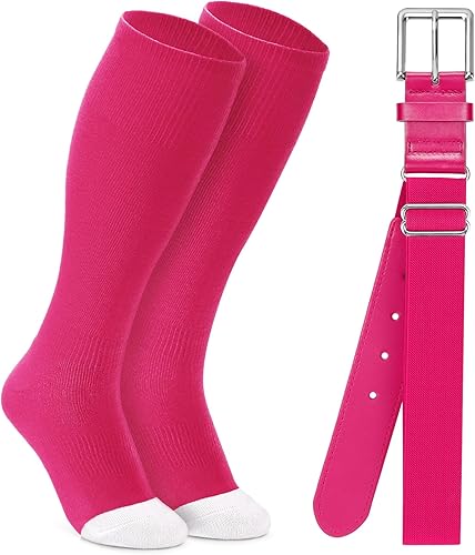 XZQTIVE Baseball Softball Socks and Baseball Softball Belt Combo Set Knee-High Soccer Socks for Kids Youth Adult,Pink