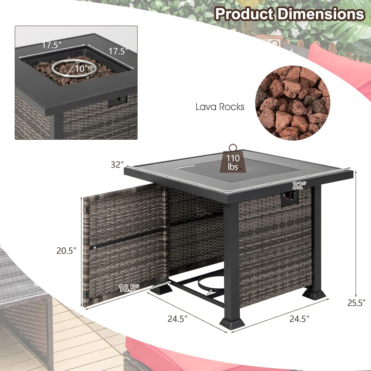 Diagram showing dimensions of COSTWAY 32 inch Outdoor Fire Table