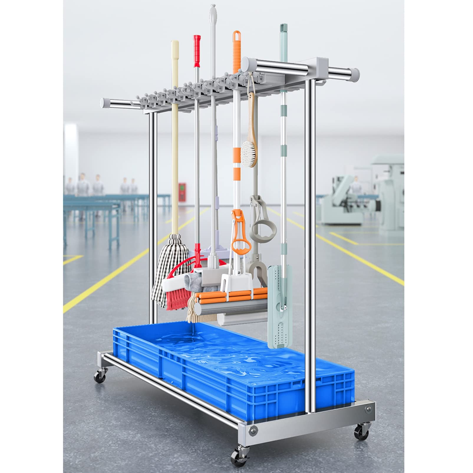 Soporte Móvil Para Escobas Y Fregonas. Coloca Fregonas Húmedas. Estante De Herramientas De Limpieza De Pie De Acero Inoxidable, Ideal Para Escuelas, Fábricas, Hoteles Y R,Grey-Blue water basin