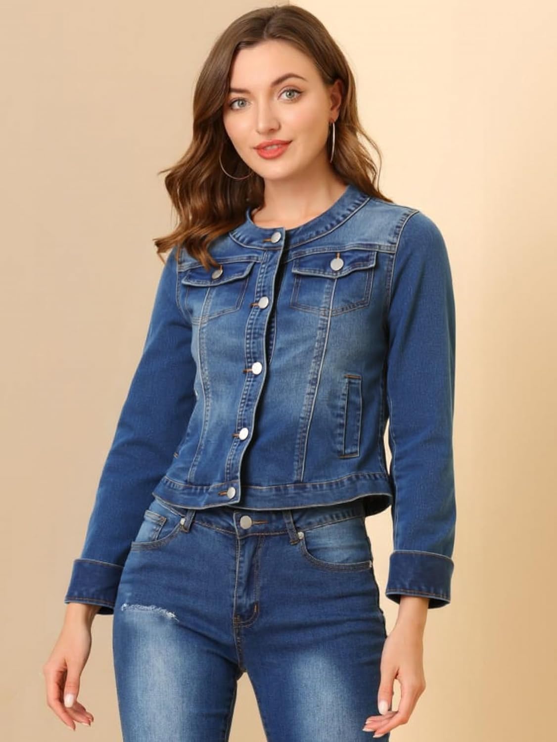 Unifizz Women's Jean Jacket Collarless Round Neck 2025 Button Down Long Sleeve Stretchy Denim Jackets - Image 3