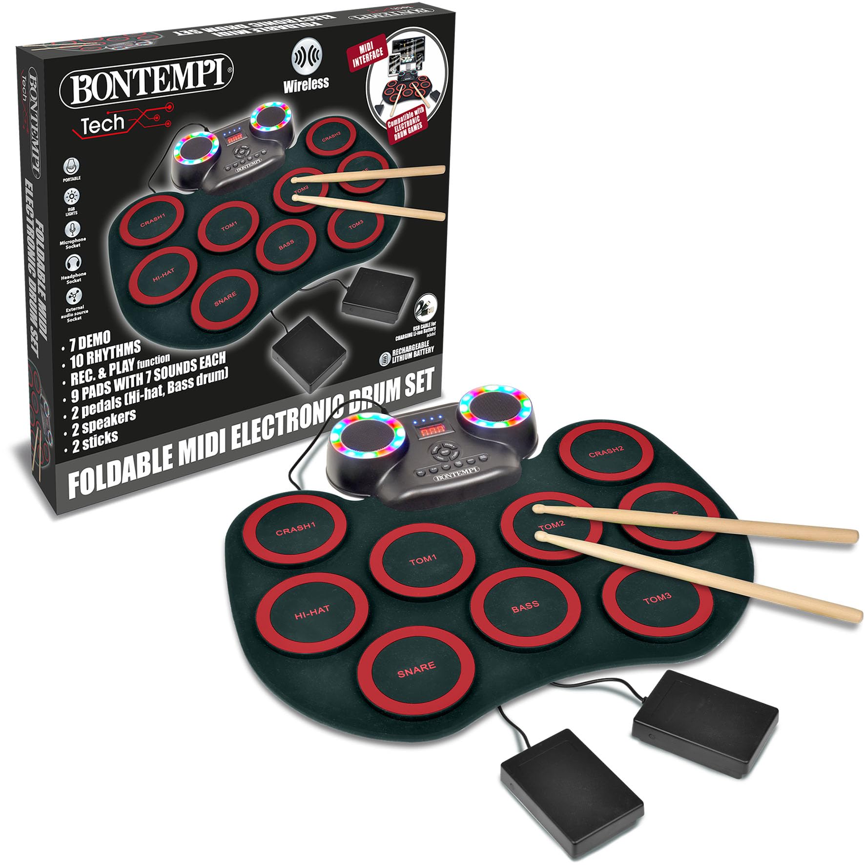 Bontempi | FlexBuddy – Batería Flexible electrónica de 9 Almohadillas con Ritmo y diversión asegurados, 43,2 x 17,1 x 6,5 cm