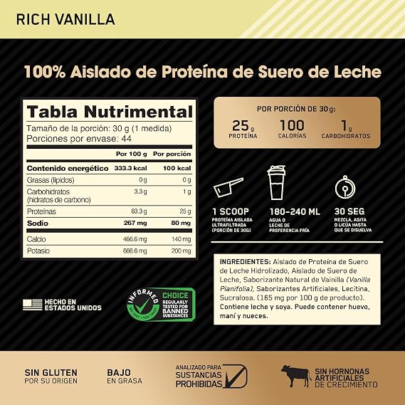 Optimum Nutrition Gold Standard 100% Isolate, Protein Powder, Rich Vanilla, 2.91 Pounds, 44 Servings. Whey Protein Isolate (Packaging May Vary)