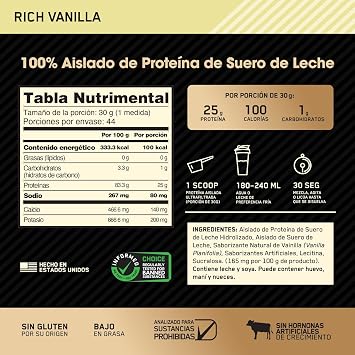 Optimum Nutrition Gold Standard 100% Isolate, Protein Powder, Rich Vanilla, 2.91 Pounds, 44 Servings. Whey Protein Isolate (Packaging May Vary)