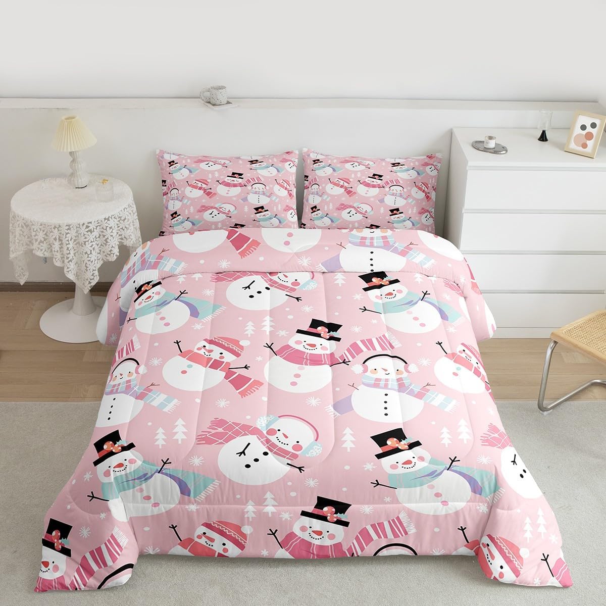 jejeloiu Pink Christmas Bedding Set Twin Size Snowman Comforter Set for Kids Boys Girls Xmas Tree Comforter New Year Decor Microfiber Duvet Set Bedroom Quilt Set
