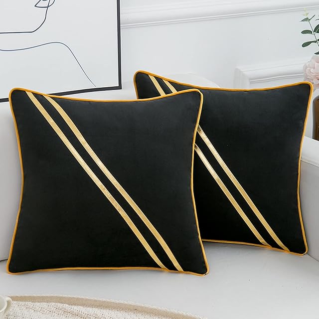 Cushion Covers 18x18 inch Set of 2 Luxury Gold Leather Striped Lines Pillows Case Velvet Decorative Black Throw Pillow Covers Outdoor Decor Cushion Cases for Sofa Couch Bed