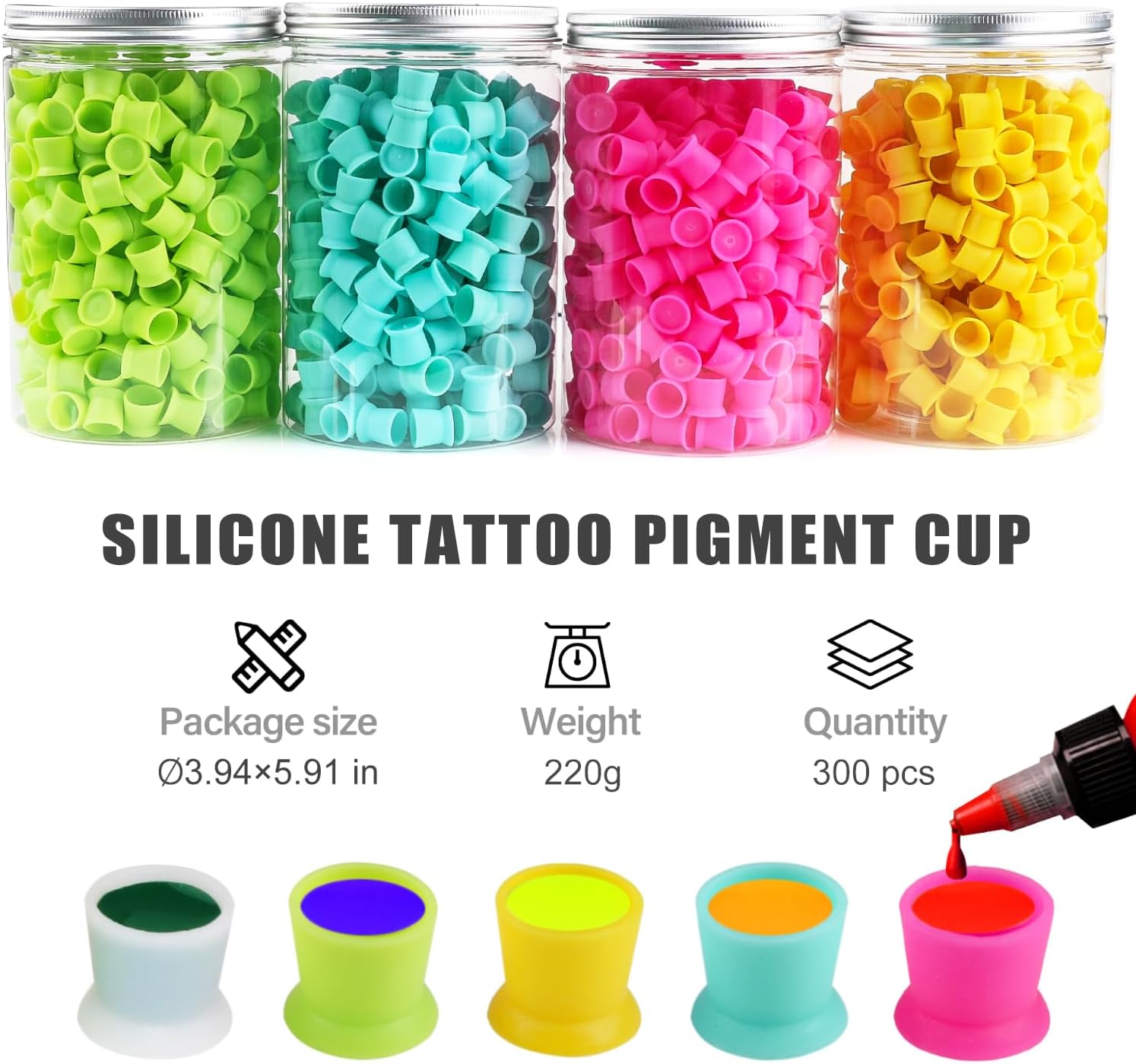 300pcs Tattoo Ink Cups with Base Disposable Tattoo Ink Caps Silicone Permanent Makeup Cups Eyebrow Eyeliner Lip Color Pigment Cup Container Tattoo Supplies (Pink)