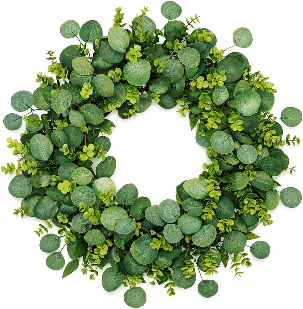 24 Inch Greenery Wreaths for Front Door, Green Eucalyptus Wreath with Boxwood Leaves All Seasons Spring Summer Year Round Door Wreath for Indoor Outdoor