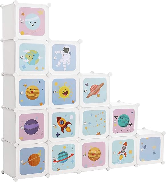 SONGMICS 15-Cube Childrens Storage Unit, Interlocking Organiser Cabinet for Kids, Plastic Cube Shelves, Modular Wardrobe with Doors, Clothes Shoes Toys School Bags, 153 x 31 x 153 cm White LPC902W
