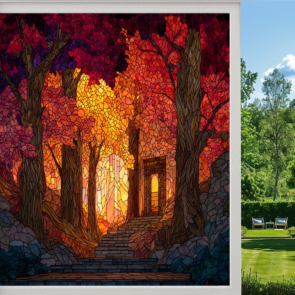 Colorful Forest Stained Glass Window Film, Sunshine Fall Trees Scenery Peel and Stick Privacy Film, Frosted Adhesive Vinyl Decorative for Bathroom Windows Glass Doors, （50x100cm）