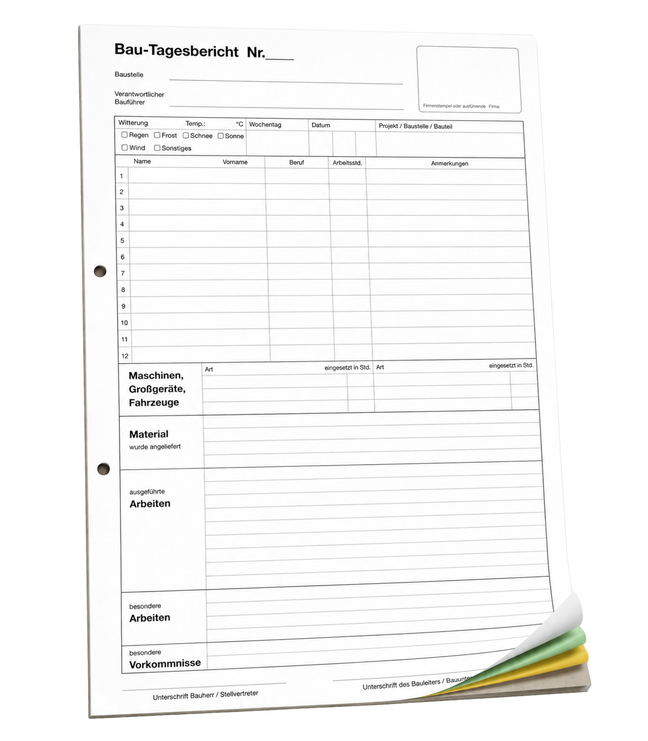 10x Bau-Tagesbericht, Baubericht Bautagebuch Regiebericht-Bau DIN A4, 3-fach selbstdurchschreibend, 3x30 Blatt weiß/grün/gelb - gelocht (22205)