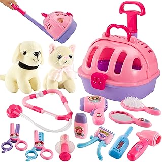 LINFUN KIDS 2 in 1 Kit Veterinario Giocattolo Valigetta Dottore Bambini con Peluche Gatti Cane, Carrello Medico, Giochi di Imitazione Bambina 3 4 5 Anni
