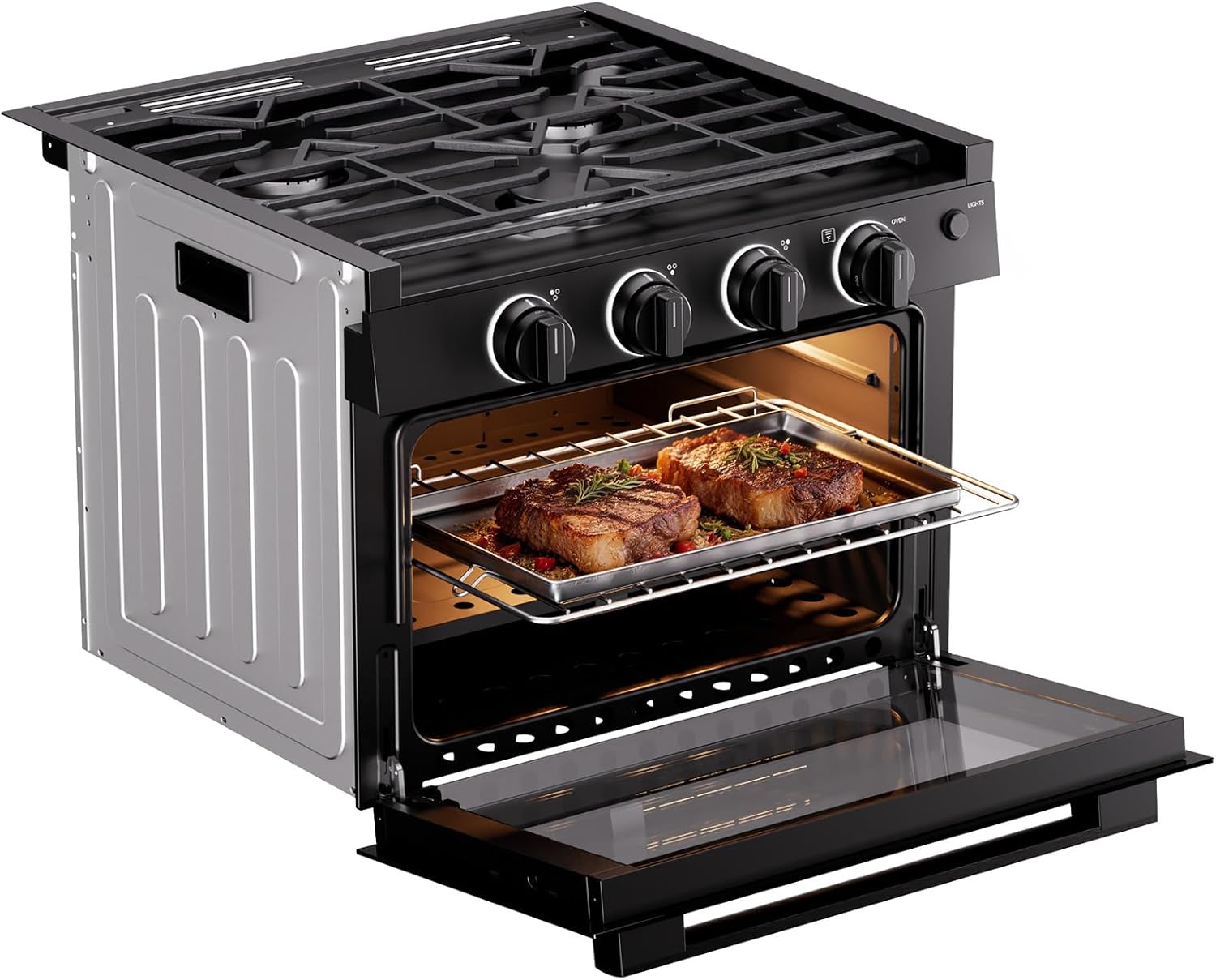 FOGATTI RV Oven Stove Combo 17 Inches Gas Propane Range 3 Burners Cooktop(8000 BTU 6500 * 2 BTU + Oven 7100 BTU), Security protections for RV Tiny House Wooden Cabin Yachts