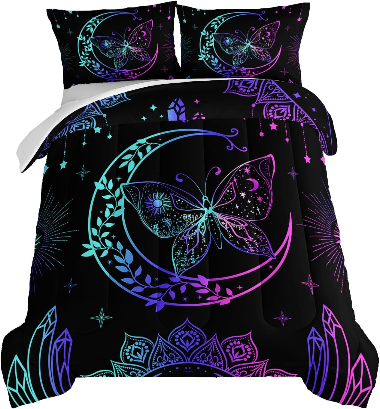 HOSIMA Butterfly Comforter Set 3-Piece with 2 Pillowcases, Black Boho Mandala Comforter Bedding Set for Girls' Twin Bed in a Bag