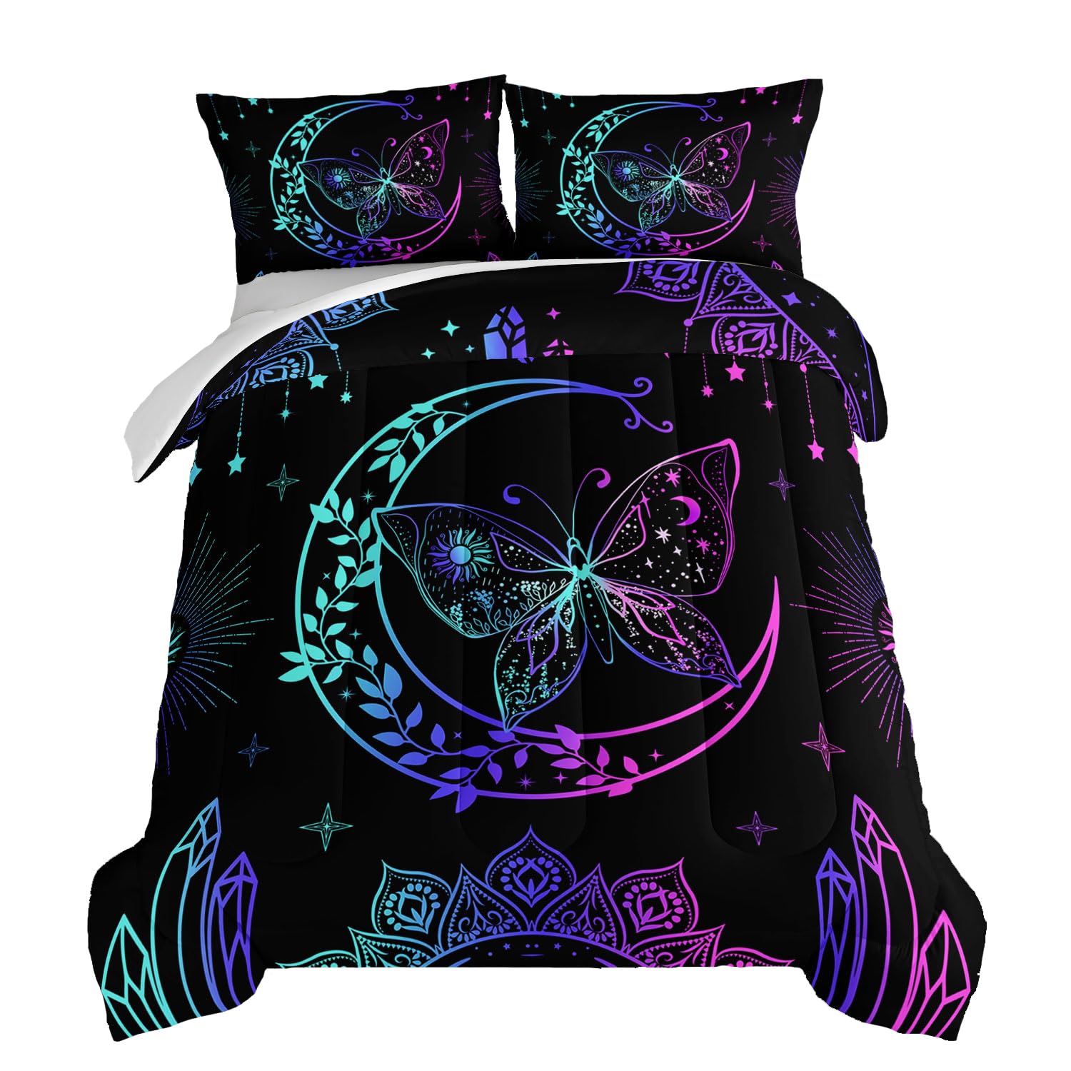 HOSIMA Butterfly Comforter Set 3-Piece with 2 Pillowcases, Black Boho Mandala Comforter Bedding Set for Girls' Twin Bed in a Bag