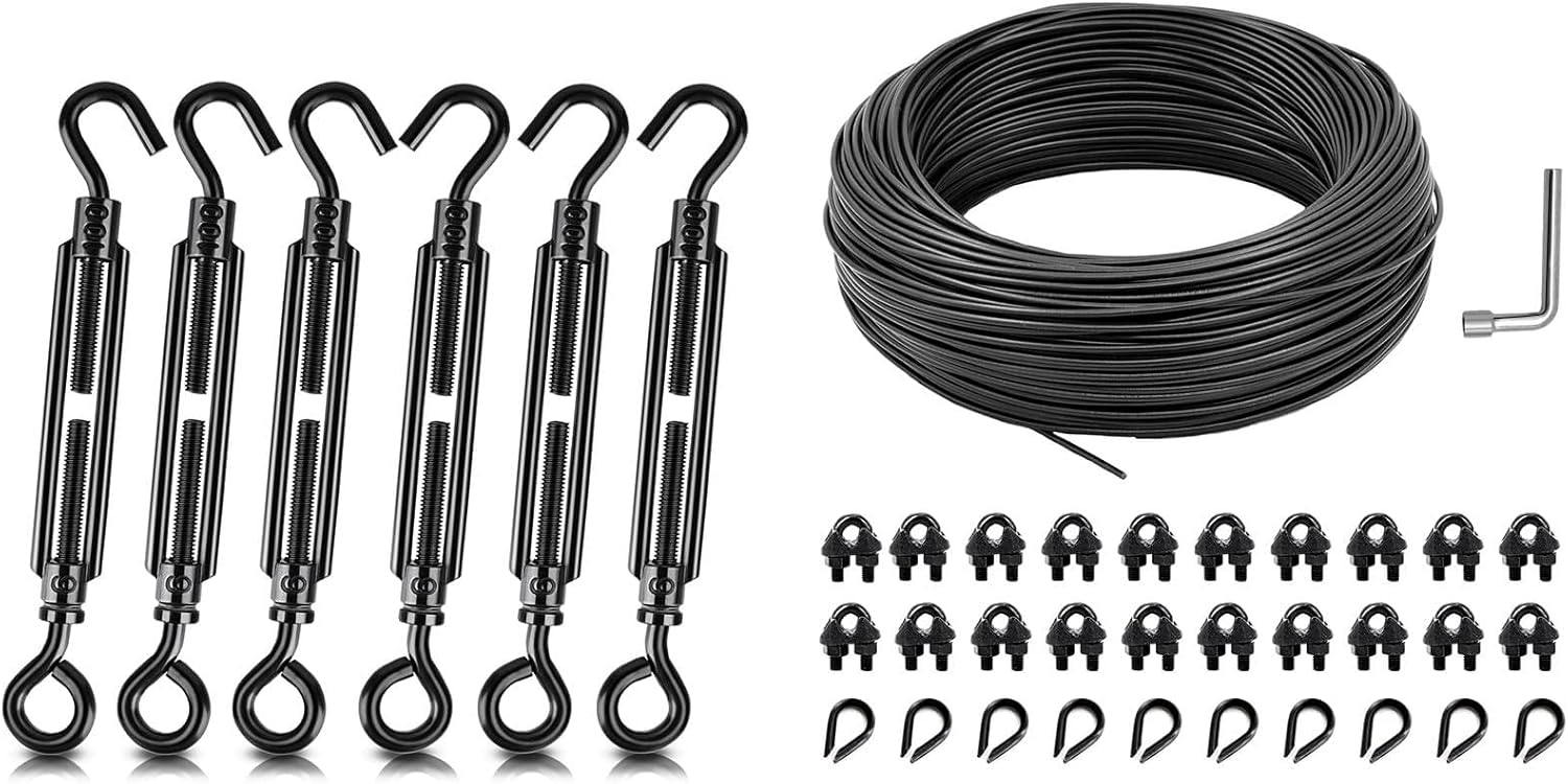 String Light Hanging Kit Outdoor, Globe String Lights Suspension Kit w/ 100FT Black PVC Coated Steel Cable & Enough Accessories, Guide Wire for Outdoor String Light, Patio Light, Camping Light