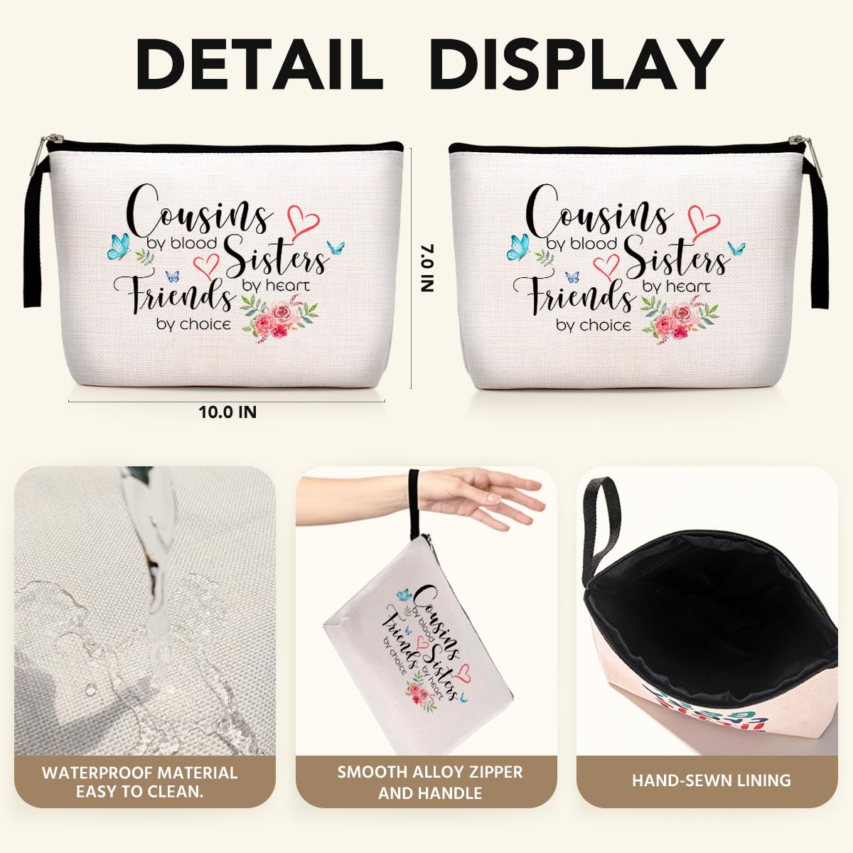 Cousin Gifts for Women, Cousin Birthday Gift Cousins by Blood, Sisters by Heart, Friends by Choice hanksgiving Christmas Graduation Wedding Gifts for Women, Girl, Her Cousin Makeup Bag