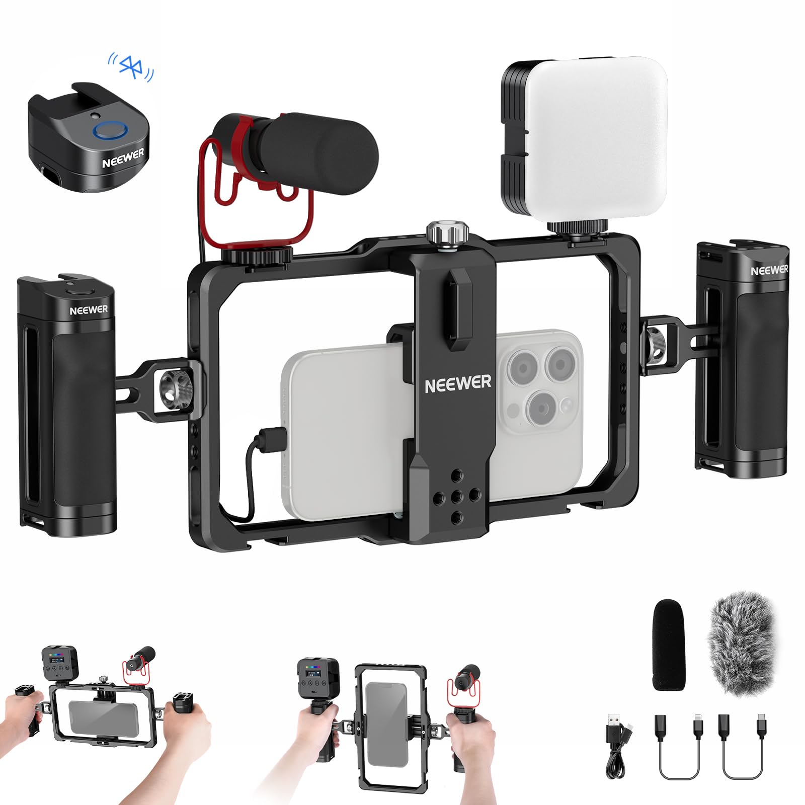 NEEWER Kit di Illuminazione Rig Video Stabilizzatore Gabbia Telefono Universale con Maniglia Laterale, Luce Video LED RGB, Microfono USB C Compatibile con iPhone 16 Pro Max 15 Pro Max S24 Ultra,PA009E