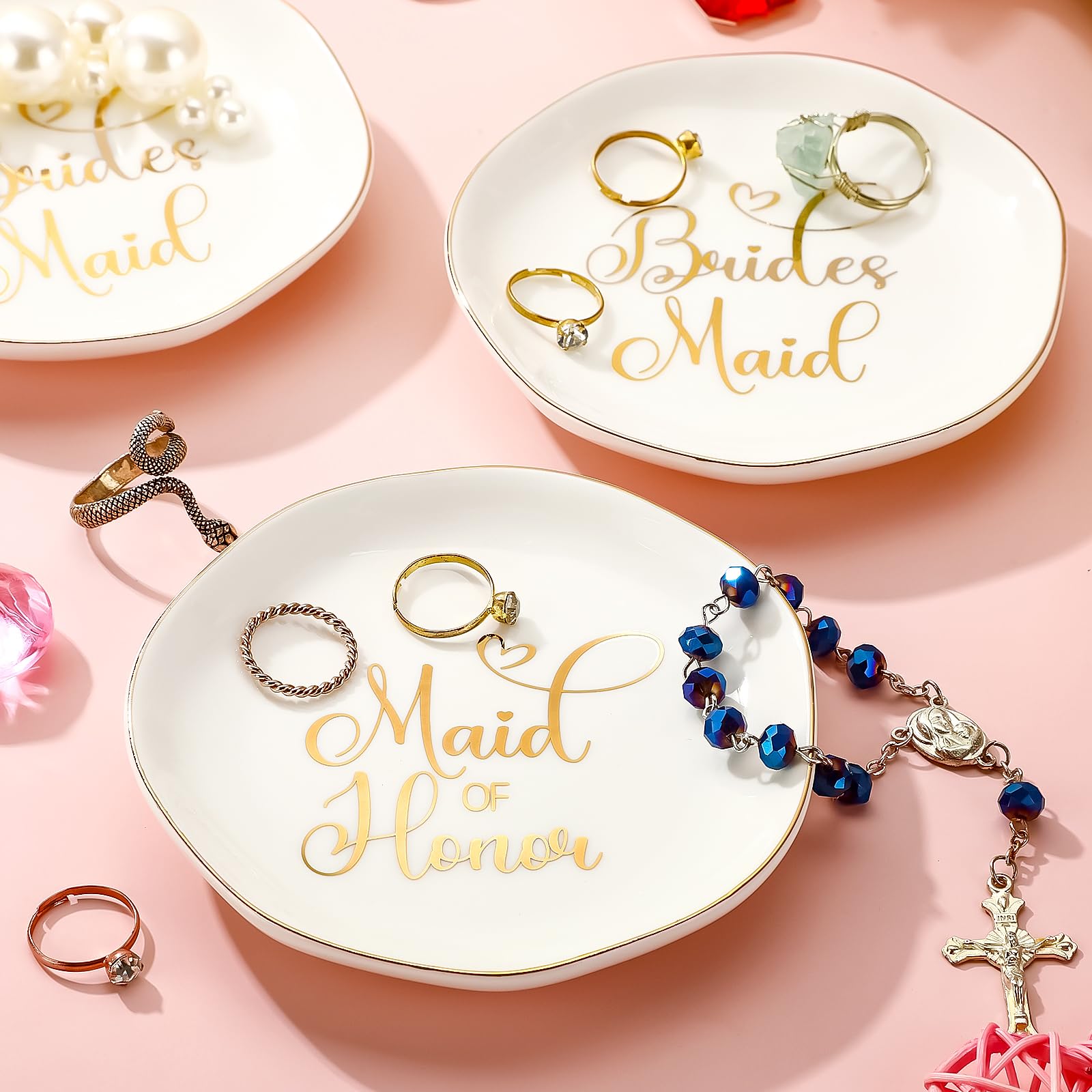 Hushee 6 juegos de bandeja de cerámica para joyas de dama de honor, plato de regalo de propuesta de dama de honor con cajas, plato decorativo para aretes, collares, pulseras, para boda, despedida de