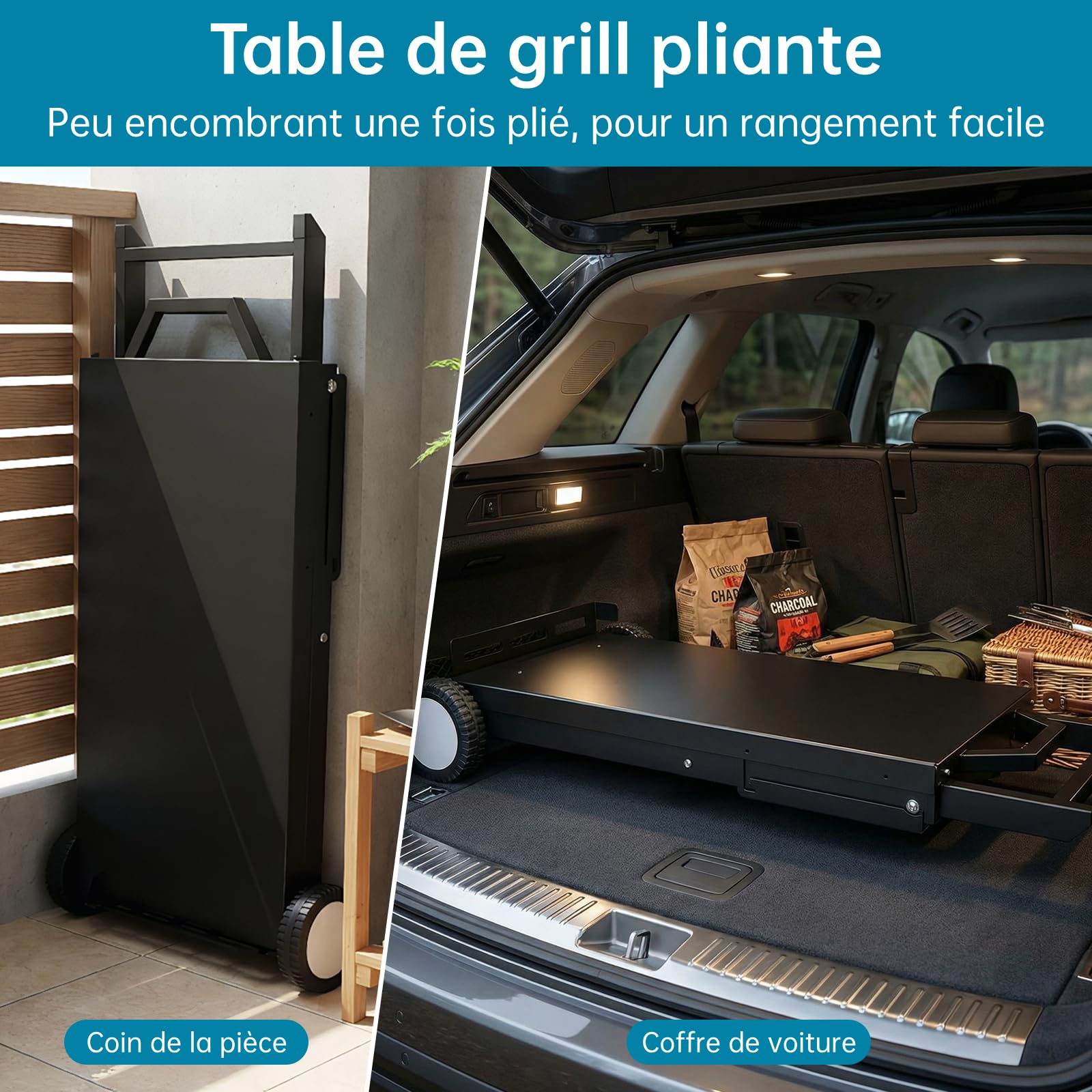 LIFERUN Chariot de Barbecue Pliable avec 2 Roues,Table Pliante Portable avec Tablette Latérale Amovible,Support Stable de Cuisson d'Extérieur pour Plancha,pour Camping,Jardin,Terrasse,102x39cm,Noir