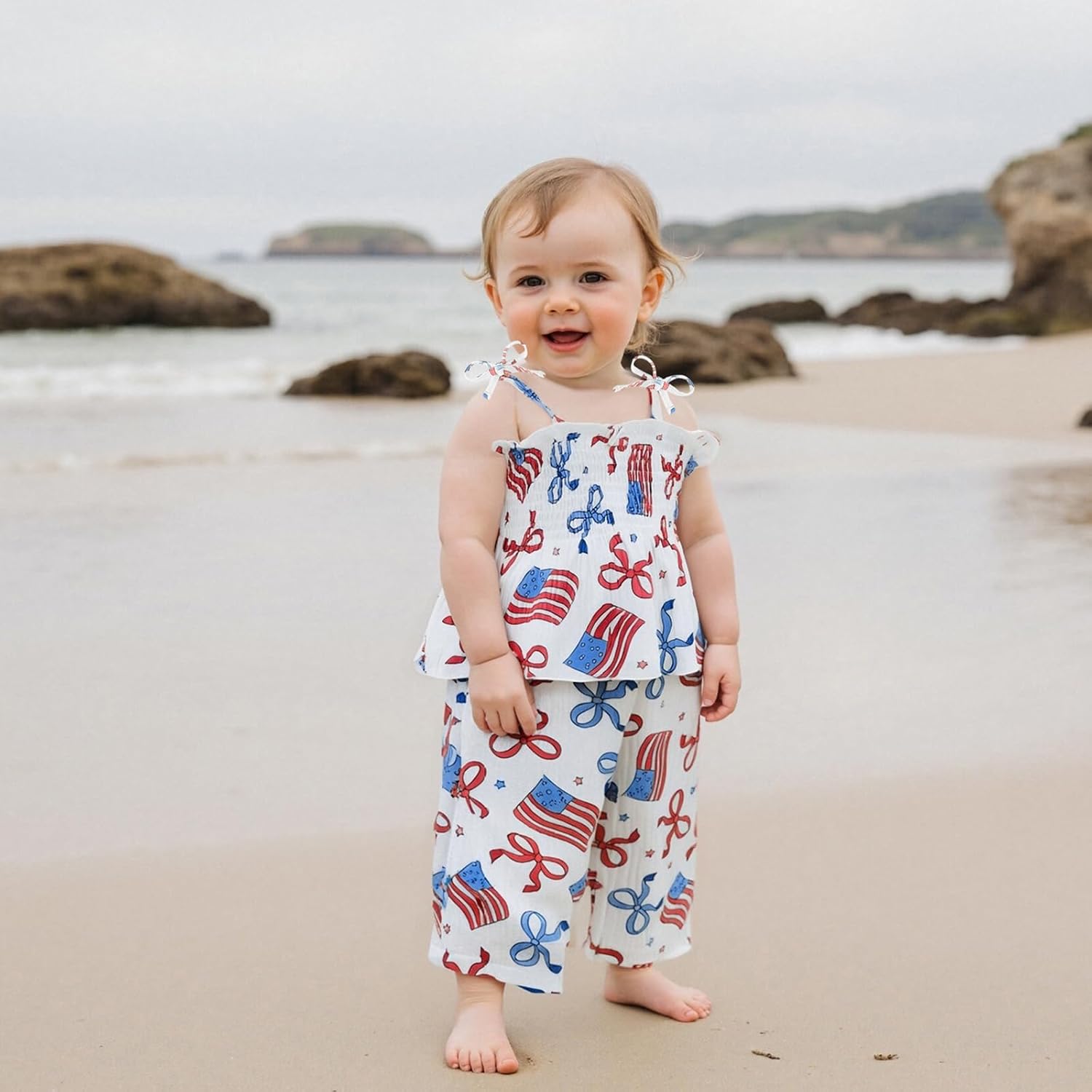 VISGOGO Toddler Baby Girl Outfits Sleeveless Smocked Strap Camisole Linen Pants Bow Baby Summer Clothes
