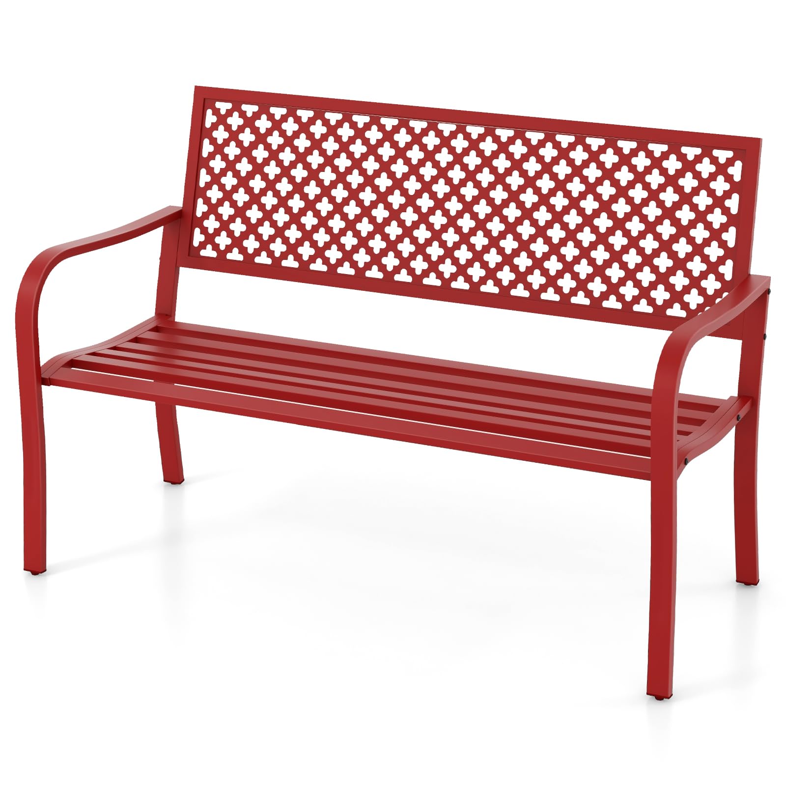 COSTWAY Panchina da Esterno, Panca da Giardin in Metallo con Schienale Traforato, Sedile a Doghe e Braccioli, Panchina Moderna per Cortile, Terrazzo e Giardino, Portata 300 kg (Rosso)