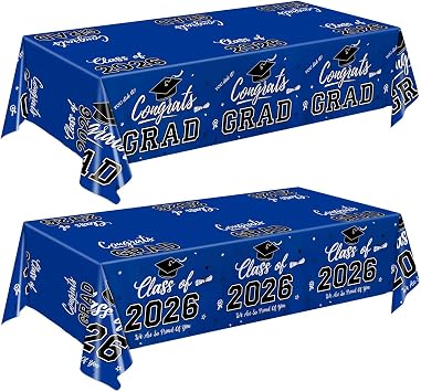 QIYANPAX Graduation Decorations 2026, Class of 2026 Graduation Tablecloth, 2 Pack Disposable Plastic Blue Tablecloths for Congrats Grad Party Decorations Banner, 54 x 108 Inch